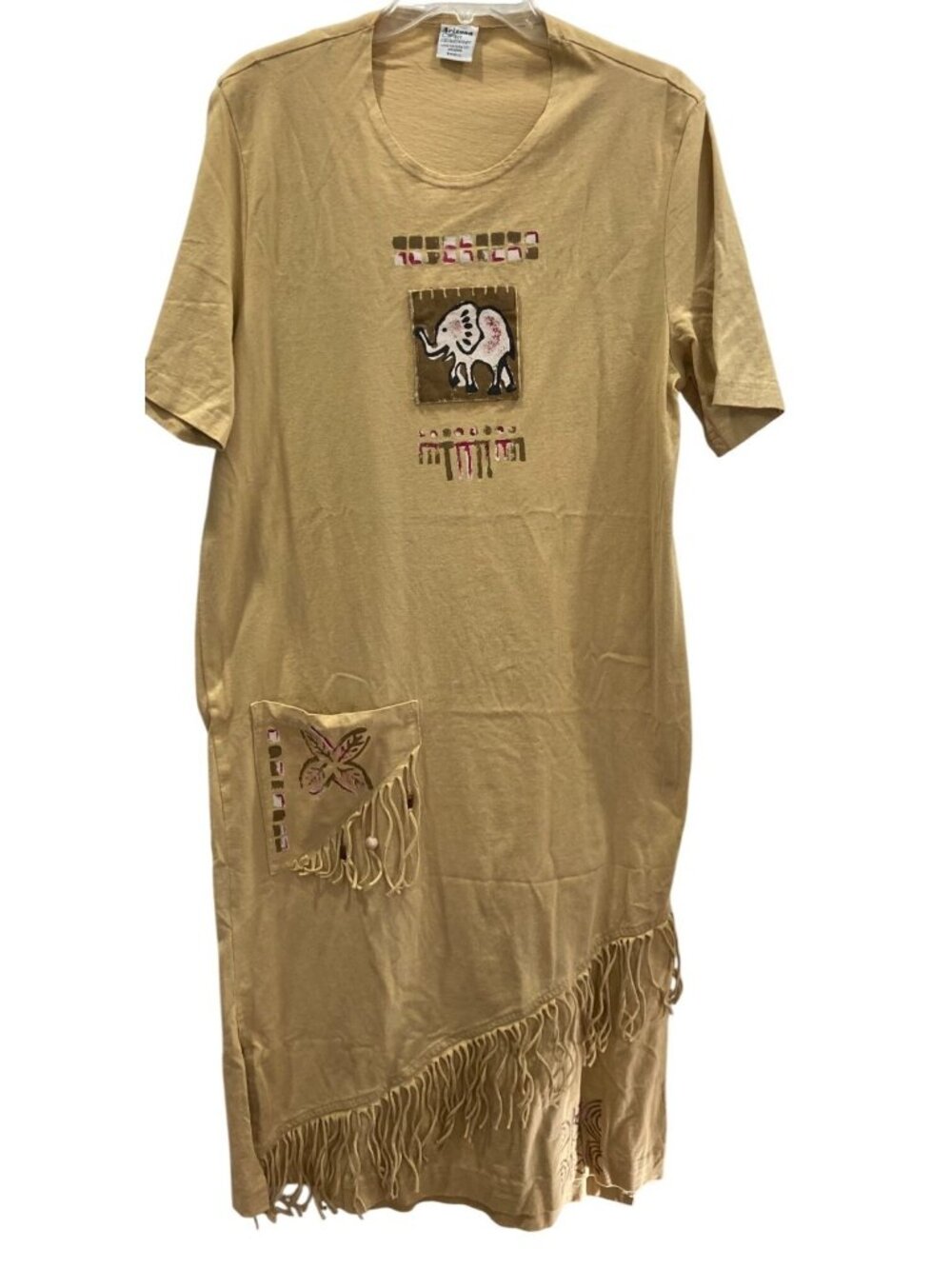 Arizona West Cotton Fringe T Shirt Dress S Beige Graphic Boho Casual Western